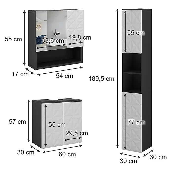 Vicco Badmöbel-Set Edge Schwarz 3 Teile, mit Hochschrank - Gesamtbreite Badmöbel: 90 cm, Schwarz, Matt