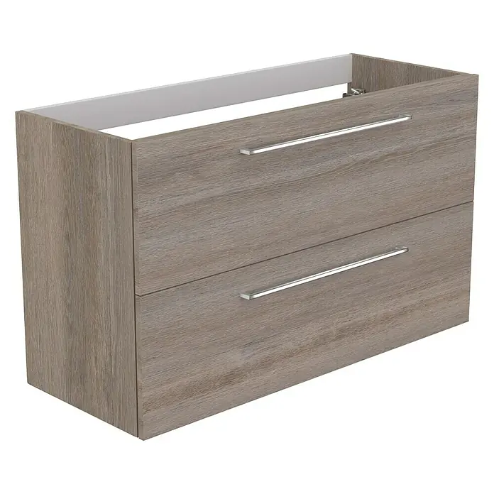 Camargue Espacio Waschtischunterschrank - 100 x 40 x 60 cm, 2 Schubkästen, Faro - Bild eines grauen Badezimmerunterschranks mit zwei Schubladen und silbernen Griffen für ein modernes Badezimmerdesign.