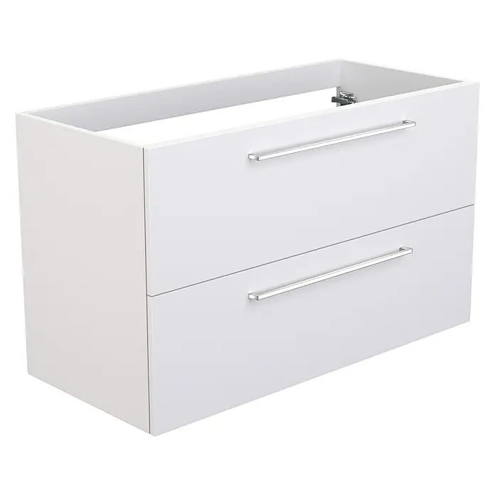 Camargue Espacio Waschtischunterschrank - 100 x 46 x 60 cm, 2 Schubkästen, Mira - Ein weißer Waschbeckenunterschrank mit zwei Schubladen und silbernen Griffen. Das Möbelstück ist modern und schlicht gestaltet.