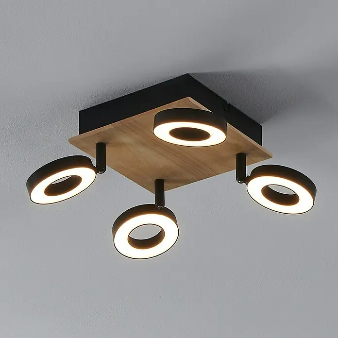 Eglo LED-Einbauleuchte Rielves - 4,2 W, L x B x H: 17 x 7 x 17 cm, Schwarz, Holz, Warmweiß - Moderne Deckenleuchte mit vier LED-Ringen und Holzdetails für stilvolle Beleuchtung im Raum.