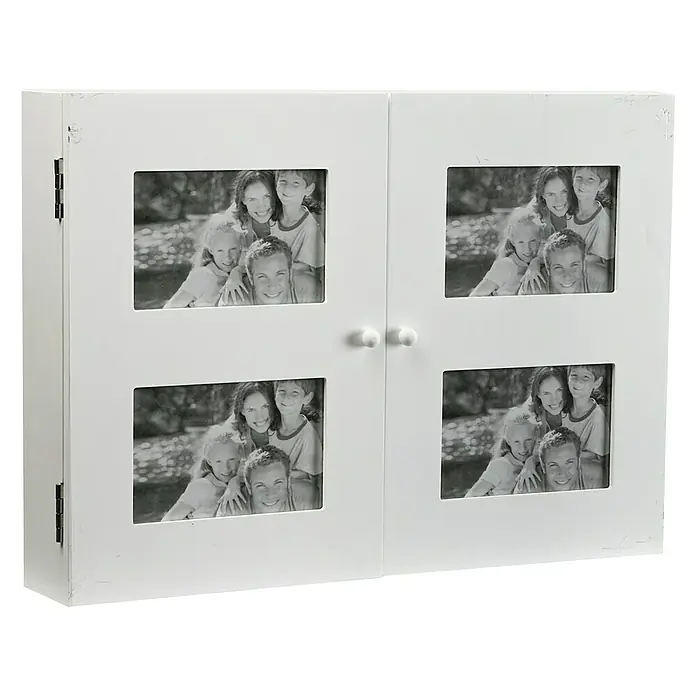 Versa Armario de contadores caja llaves - Mosaico, 8,5 x 33 cm, Blanco - Un armario blanco con doble puerta y marcos de fotos, ideal para exhibir fotos familiares, con cuatro espacios.
