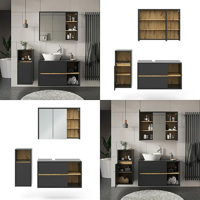 Vicco Badmöbel-Set Viola Anthrazit 3 Teile, mit Midischrank - Gesamtbreite Badmöbel: 137,8 cm, Anthrazit, Matt