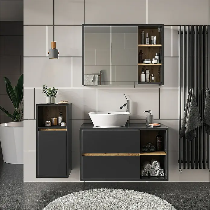 Vicco Badmöbel-Set Viola Anthrazit 3 Teile, mit Midischrank - Gesamtbreite Badmöbel: 137,8 cm, Anthrazit, Matt