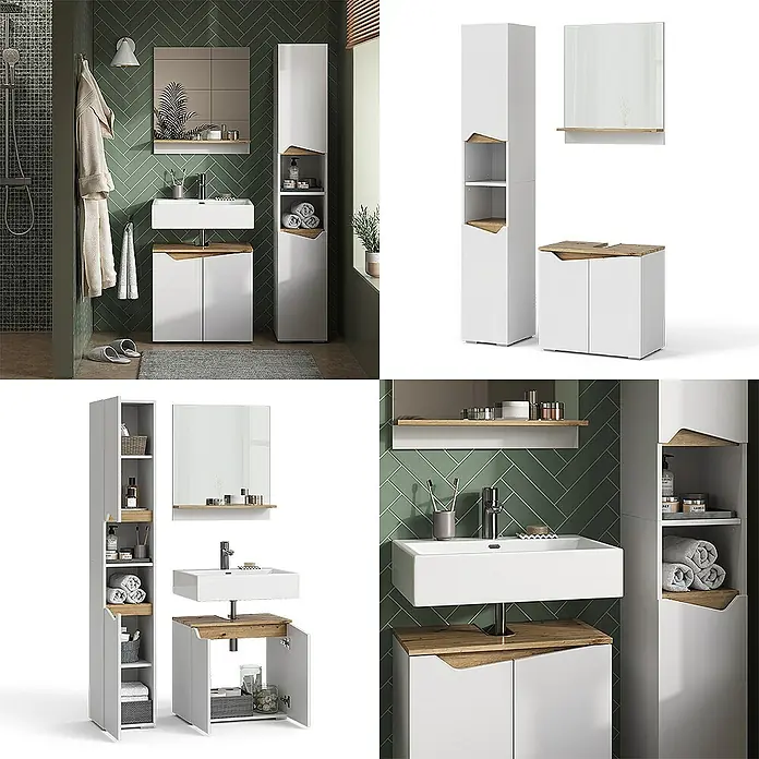 Vicco Badmöbel-Set Marelle Weiß 3 Teile, mit Hochschrank - Gesamtbreite Badmöbel: 90 cm, Weiß, Matt