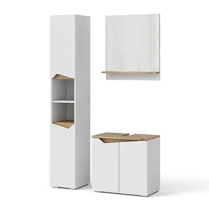 Vicco Badmöbel-Set Marelle Weiß 3 Teile, mit Hochschrank - Gesamtbreite Badmöbel: 90 cm, Weiß, Matt