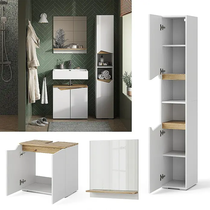 Vicco Badmöbel-Set Marelle Weiß 3 Teile, mit Hochschrank - Gesamtbreite Badmöbel: 90 cm, Weiß, Matt