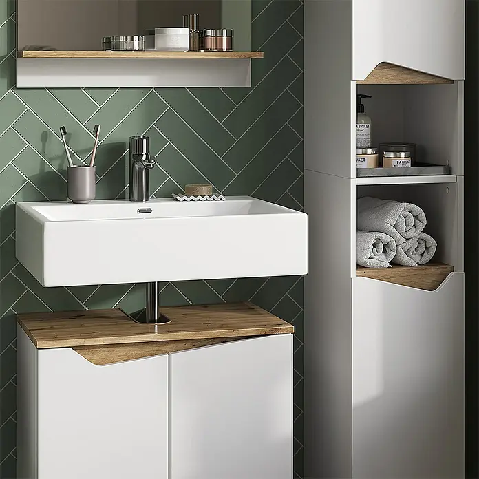 Vicco Badmöbel-Set Marelle Weiß 3 Teile, mit Hochschrank - Gesamtbreite Badmöbel: 90 cm, Weiß, Matt