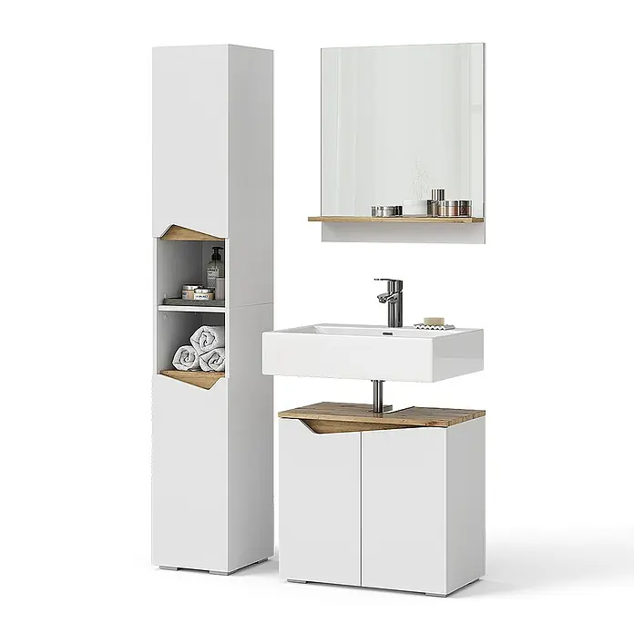 Vicco Badmöbel-Set Marelle Weiß 3 Teile, mit Hochschrank - Gesamtbreite Badmöbel: 90 cm, Weiß, Matt