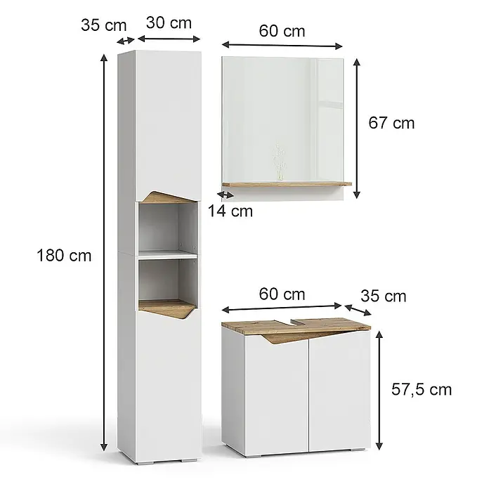 Vicco Badmöbel-Set Marelle Weiß 3 Teile, mit Hochschrank - Gesamtbreite Badmöbel: 90 cm, Weiß, Matt
