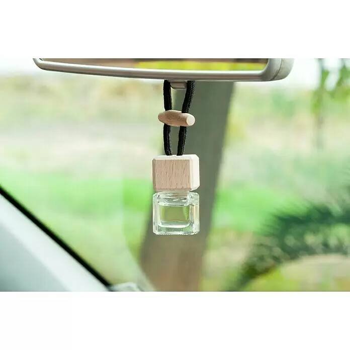 Ambientador de coche para colgar - Naranja, 8 sem. - Pequeño ambientador de coche de cristal con tapa de madera cúbica, colgado de un espejo retrovisor con cordón negro y una cuenta de madera.