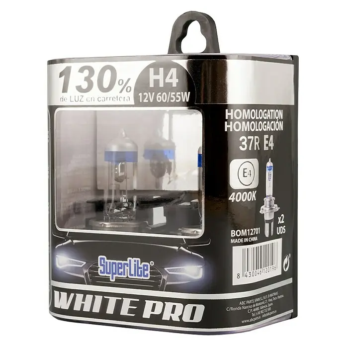 Bombilla para faro delantero BOM12701 - 12 V, 2 ud., Blanco - Bombilla halógena Superlite White Pro H4 en su embalaje, luz de coche 12V 60/55W, 130% más luz.