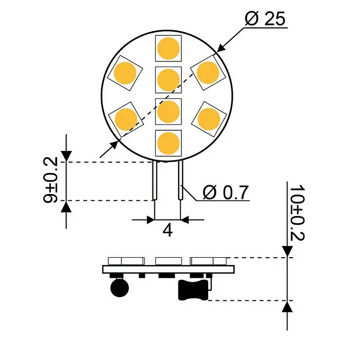 Talamex LED-Plättchen für Boote - 1,2 W, 10 V - 30 V, Lichtfarbe: Warmweiß, G (A bis G) - Abbildung eines runden LED-Panels mit Maßen und Detailansichten, ideal für technische Dokumentationen und Produktinformationen.