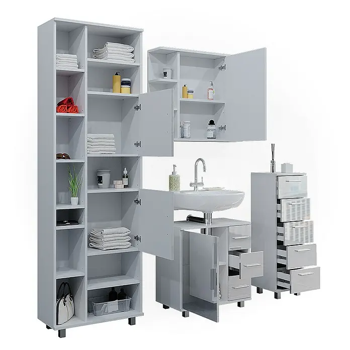 Vicco Badmöbel-Set Ilias Weiß Hochglanz 4 Teile - Gesamtbreite Badmöbel: 150 cm, Weiß Hochglanz, Glänzend