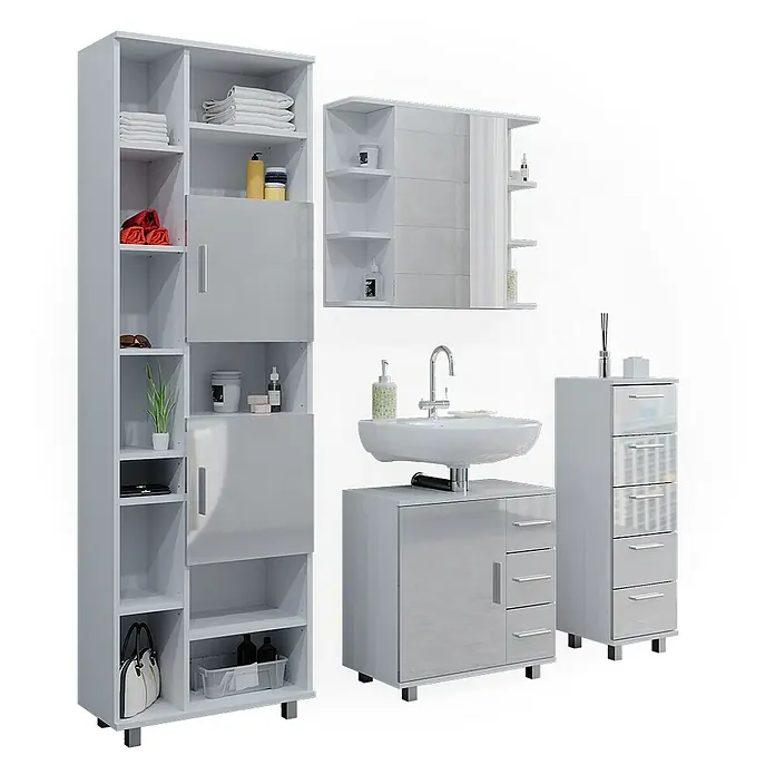 Vicco Badmöbel-Set Ilias Weiß Hochglanz 4 Teile - Gesamtbreite Badmöbel: 150 cm, Weiß Hochglanz, Glänzend