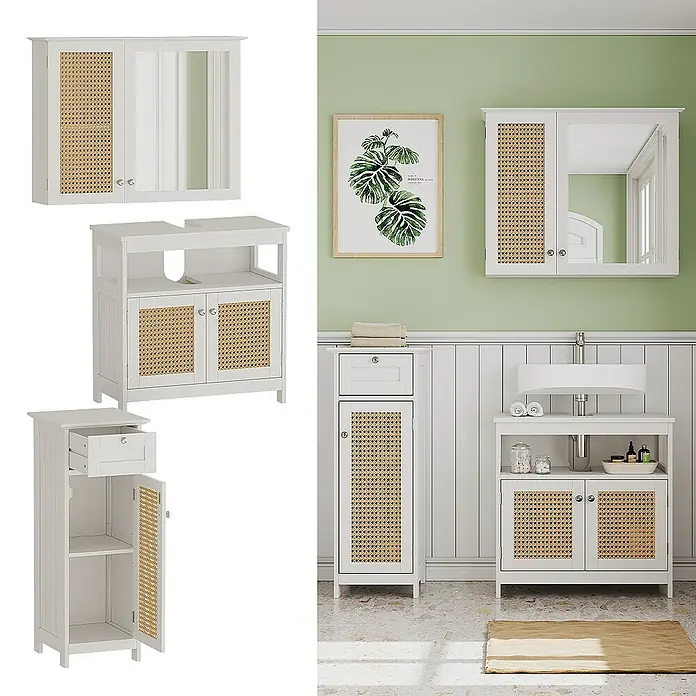 Vicco Badmöbel-Set Rosario Weiß 3 Teile, mit Midischrank - Gesamtbreite Badmöbel: 92 cm, Weiß, Matt