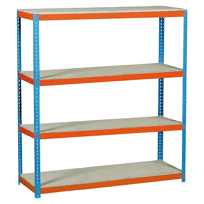 Simonrack Simonforte Estantería para cargas pesadas Chipboard - Al x An x Pr: 200 x 150 x 90 cm, Capacidad de carga por balda: 600 kg, Número de baldas: 4 ud., Inserción, Azul/Naranja - Estantería de almacenamiento con cuatro estantes. Tiene perfiles esquineros azules y soportes de estante naranjas.