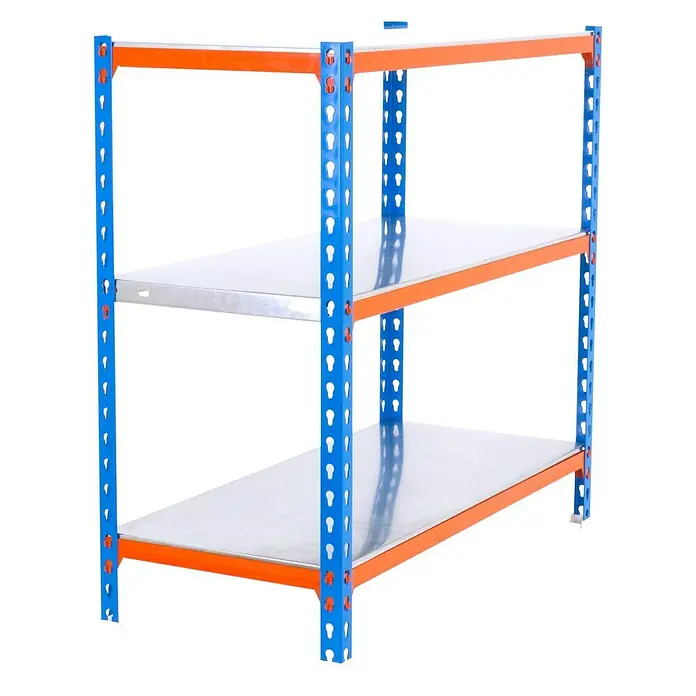 Simonrack Simonclick Estantería metálica Mini - Al x An x Pr: 90 x 80 x 50 cm, Capacidad de carga por balda: 180 kg, Número de baldas: 3 ud., Inserción, Azul/Naranja - Estantería de tres niveles con marco azul y detalles naranjas, perfecta para almacenamiento y organización.
