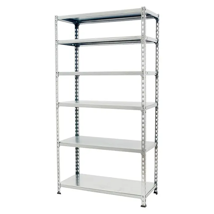 Simonrack Simonclick Estantería metálica Mini - Al x An x Pr: 250 x 80 x 40 cm, Capacidad de carga por balda: 180 kg, Número de baldas: 6 ud., Inserción, Galvanizado - Una estantería metálica gris con cinco estantes, ideal para el almacenamiento y la organización en diversos entornos.