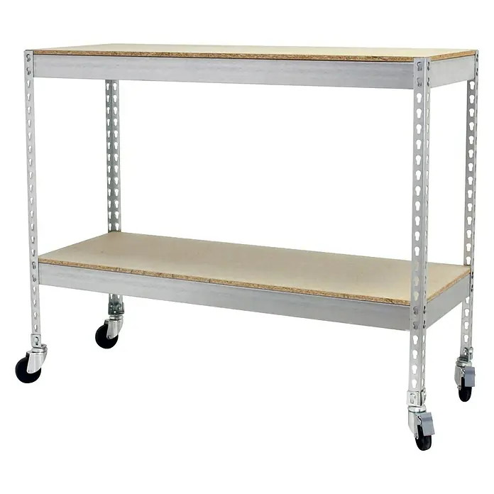 Simonrack Simontaller Metallregal Ecoforte Chipboard Mobil - H x B x T: 90 x 150 x 75 cm, Traglast pro Boden: 75 kg, Anzahl Böden: 2 Stk., Stecken, Silber, Rollen - Ein stabiler Werkstatttisch mit zwei Regalböden und Rollen für einfachen Transport und flexible Nutzung in Werkstätten.