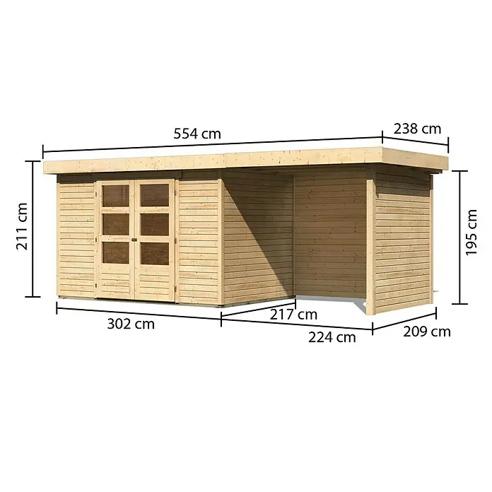 Karibu Gartenhaus Askola - Außenmaß inkl. Dachüberstand (B x T): 554 x 238 cm, Holz, Natur, Mit Anbau, Rück- und Seitenwand - Ansicht des Gartenhauses mit den Maßen 554 cm Länge, 211 cm Höhe, 302 cm Breite und einem kleinen Anbau von 238 cm Breite und 195 cm Höhe.