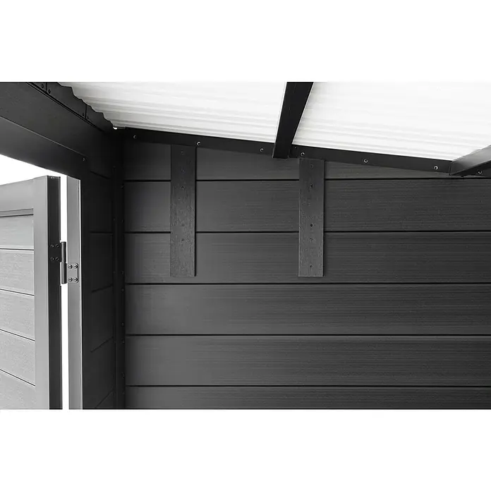 Gerätehaus Mixon Composite - Außenmaß inkl. Dachüberstand (B x T): 217 x 217 cm, Verbundwerkstoff, Teak Walnuss - Detailansicht eines modernen Gerätehauses mit stilvoller Holzverkleidung und robustem Dach.