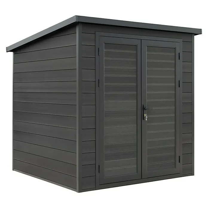Gerätehaus Mixon Composite - Außenmaß inkl. Dachüberstand (B x T): 217 x 217 cm, Verbundwerkstoff, Teak Walnuss - Abbildung eines dunklen Gartenschuppens mit Doppeltür und horizontaler Holzverkleidung.