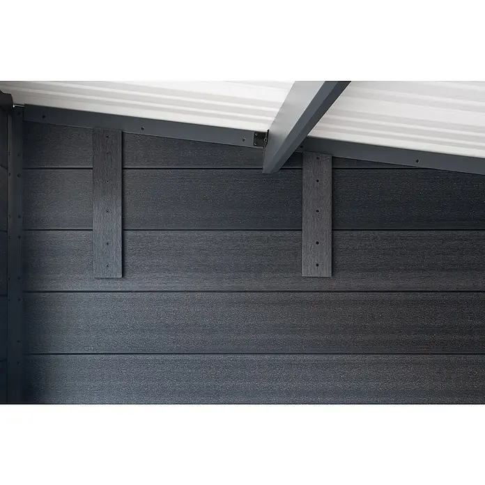 Gerätehaus Hybrix Composite - Außenmaß inkl. Dachüberstand (B x T): 238 x 234 cm, Verbundwerkstoff, Grau - Detailaufnahme eines schwarzen WPC-Gartenschuppens mit grauen Verstrebungen und einer weißen Decke. Das hochwertige Material ist langlebig.