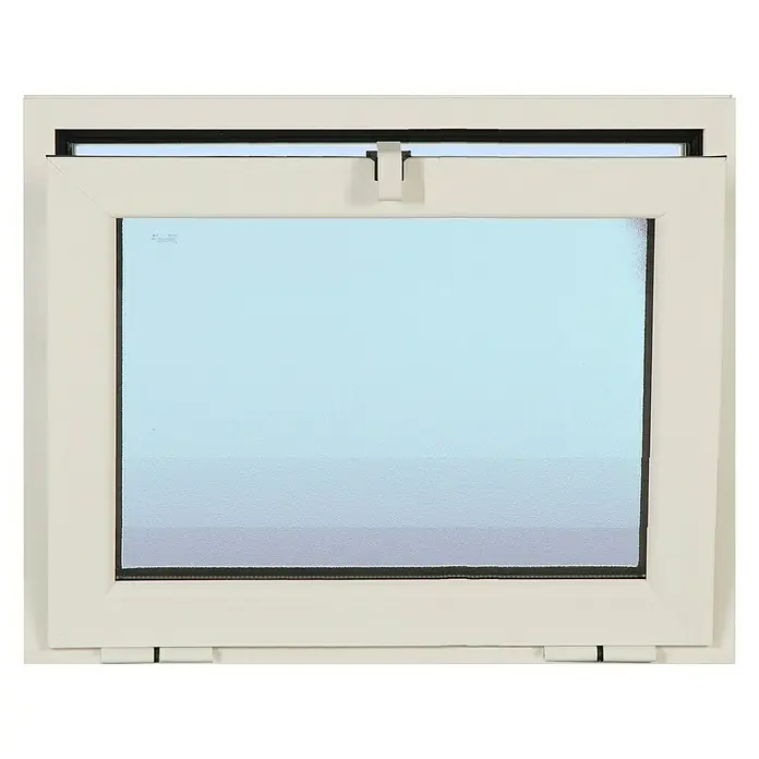 Solid Elements Ventana de aluminio Golpete - 60 x 50 cm, Blanco - Vista detallada de una ventana abatible, que muestra el marco, los herrajes y el cristal. El diseño de la ventana permite luz natural y ventilación.