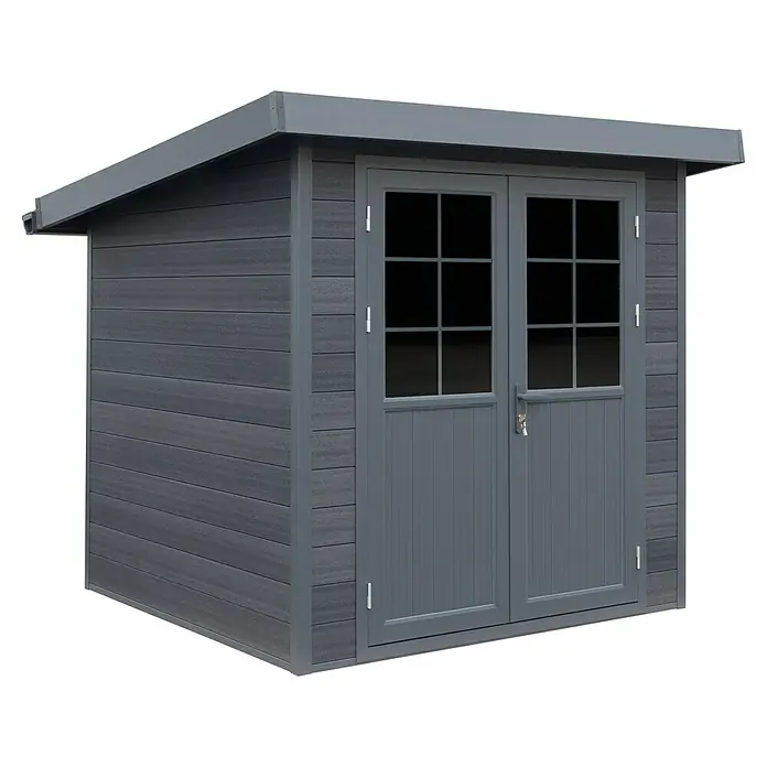 Gerätehaus Hybrix Composite - Außenmaß inkl. Dachüberstand (B x T): 238 x 234 cm, Verbundwerkstoff, Grau - Ansicht eines grauen Gartenschuppens mit Doppeltür und Fenstern. Ideal zur Aufbewahrung von Gartengeräten und Werkzeugen im Freien.