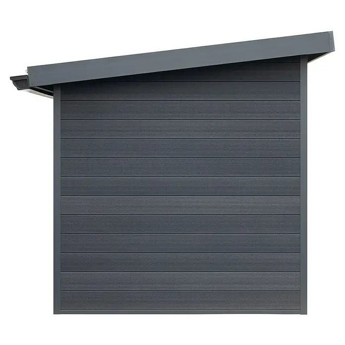 Gerätehaus Hybrix Composite - Außenmaß inkl. Dachüberstand (B x T): 238 x 234 cm, Verbundwerkstoff, Grau - Modernes Gartenhaus mit grauer Holzverkleidung und einem schrägen Dach. Ideal für stilvolle Aufbewahrung im Freien.