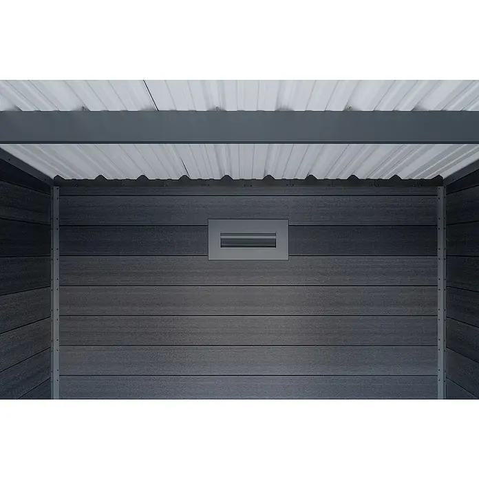 Gerätehaus Hybrix Composite - Außenmaß inkl. Dachüberstand (B x T): 238 x 234 cm, Verbundwerkstoff, Grau - Ansicht von innen eines geräumigen Gartenhauses mit grauem Paneeldesign und einem praktischen Fenster zur Belüftung.