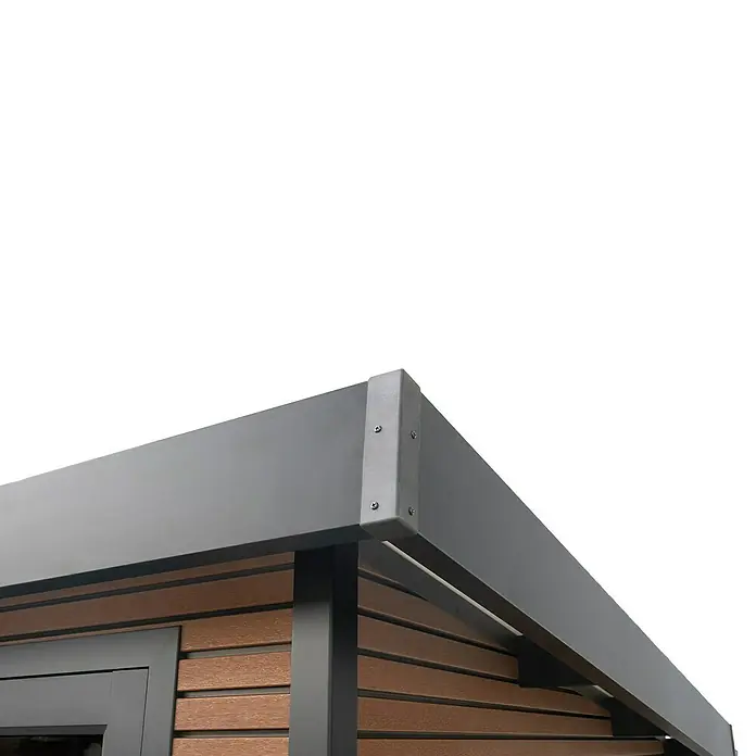 Gerätehaus Fusyon Composite - Außenmaß inkl. Dachüberstand (B x T): 238 x 234 cm, Verbundwerkstoff, Wooden Braun - Detailaufnahme eines modernen Gartenhauses mit grauer Dachkonstruktion und brauner Holzverkleidung, Fokus auf Design und Material.