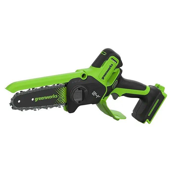 Greenworks Einhand-Akku-Kettensäge GW 24V BL 15 cm - 24 V, Li-Ionen, Ohne Akku, Schwertlänge: 15 cm - Das Bild zeigt eine Greenworks Akku-Kettensäge in Grün und Schwarz. Das Gerät ist kompakt und für den Einsatz im Garten konzipiert.