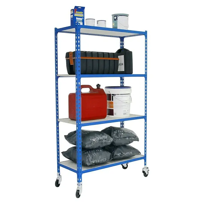 Simonrack Maderclick Estantería metálica Mobile Superplus - Al x An x Pr: 150 x 110 x 50 cm, Número de baldas: 4 ud., Inserción, Azul - Estantería azul de cuatro niveles, cargada con varios contenedores y sacos.