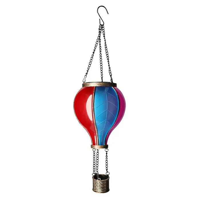 Solar-Dekoleuchte Heißluftballon - L x B x H: 10,8 x 10,8 x 38 cm, Bunt, IP44 - Dekorativer Solar-Heißluftballon mit rotem, blauem & pinkfarbenem Panel. Metallkettenaufhängung und Korb für Garten oder Terrasse.