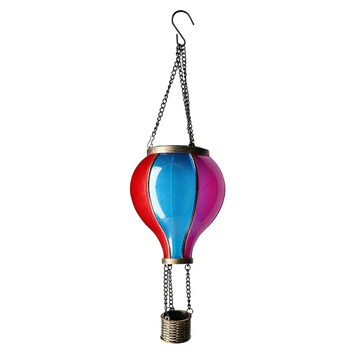 Solar-Dekoleuchte Heißluftballon - L x B x H: 10,8 x 10,8 x 38 cm, Bunt, IP44 - Nahaufnahme eines bunten Deko-Heißluftballons mit Korb und Kette zum Aufhängen.