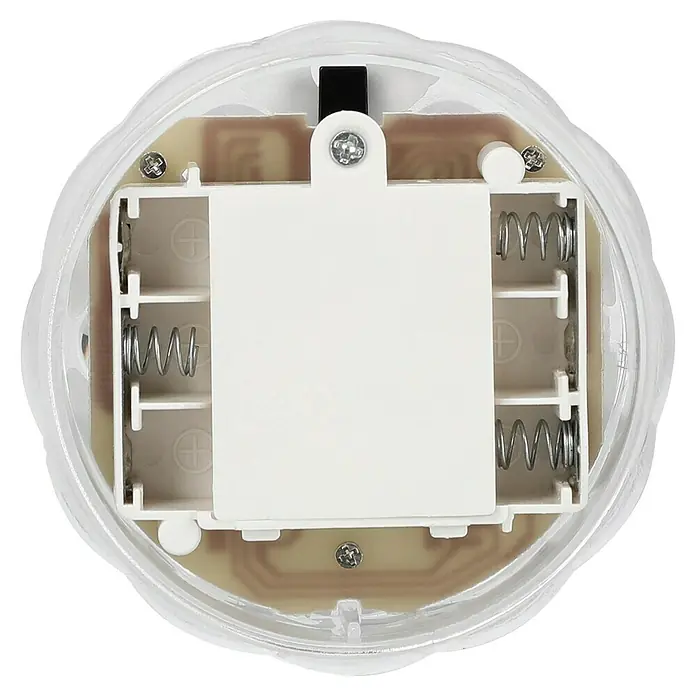 LED-Poolbeleuchtung - Durchmesser: 7 cm, Transparent, LED, RGB - Bild einer runden, transparenten Basis mit einem weißen Batteriefach für drei Batterien und einem schwarzen Schalter.