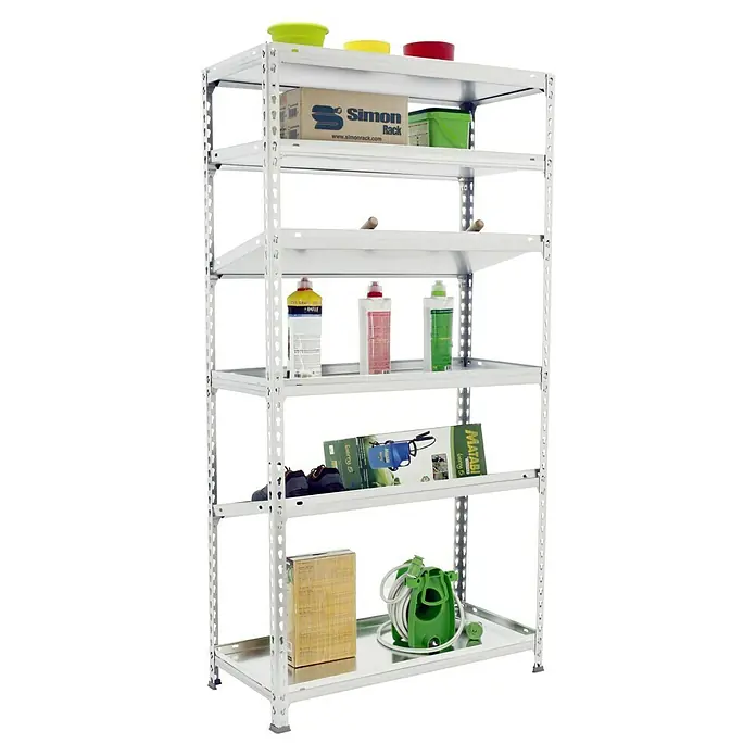 Simonrack Simonclick Metallregal Simonclick Mini - H x B x T: 250 x 80 x 40 cm, Traglast pro Boden: 180 kg, Anzahl Böden: 6 Stk., Stecken, Silber/Silber - Silbernes Metallregal mit fünf Ebenen voller verschiedener Gegenstände, darunter Behälter, Kisten und Reinigungsprodukte.