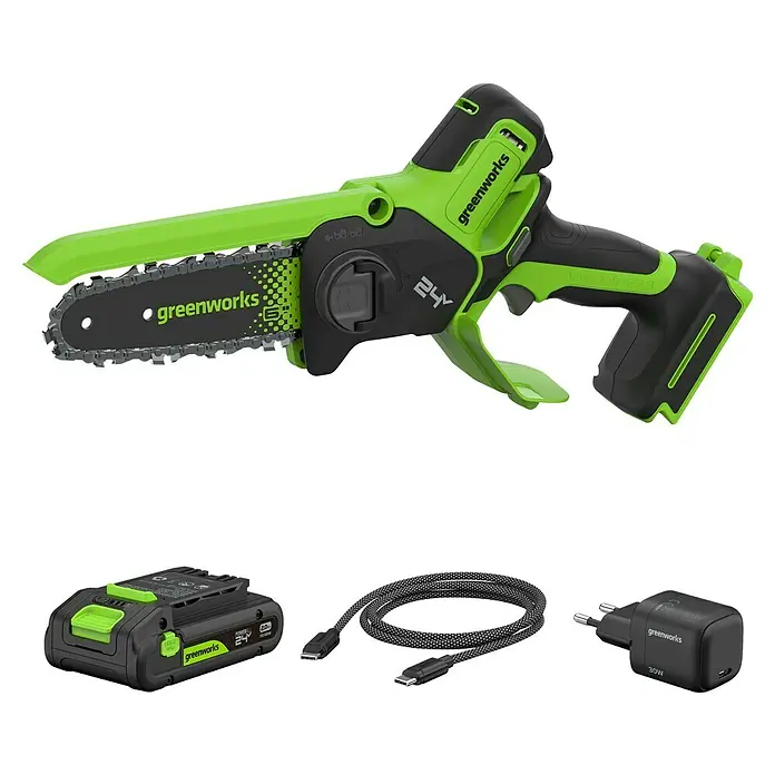 Greenworks Einhand-Akku-Kettensäge GW 24V BL 15 cm - 24 V, 2 Ah, Li-Ionen, 1 Akku, Schwertlänge: 15 cm - Das Greenworks Akku-Kettensägen-Set mit Akku, Ladekabel und Netzteil. Ideal für Gartenarbeiten mit dem handlichen Werkzeug.