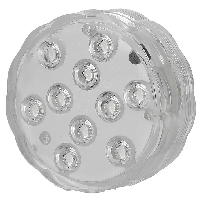 LED-Poolbeleuchtung - Durchmesser: 7 cm, Transparent, LED, RGB - Nahaufnahme einer runden, transparenten LED-Unterwasserleuchte mit mehreren hellen LEDs und einem robusten, wasserdichten Gehäuse.