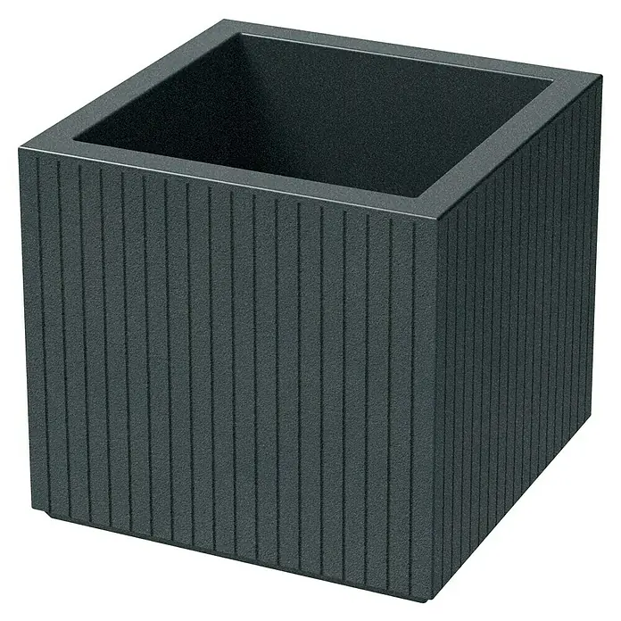 ETHICK Pflanzkübel eckig Coro - 1 Stk., Außenmaß (L x B x H): 40 x 40 x 36 cm, Kunststoff, Graphit - Nahaufnahme eines anthrazitfarbenen, gerippten Pflanzkübels mit quadratischer Form, ideal für stilvolle Gartengestaltung.