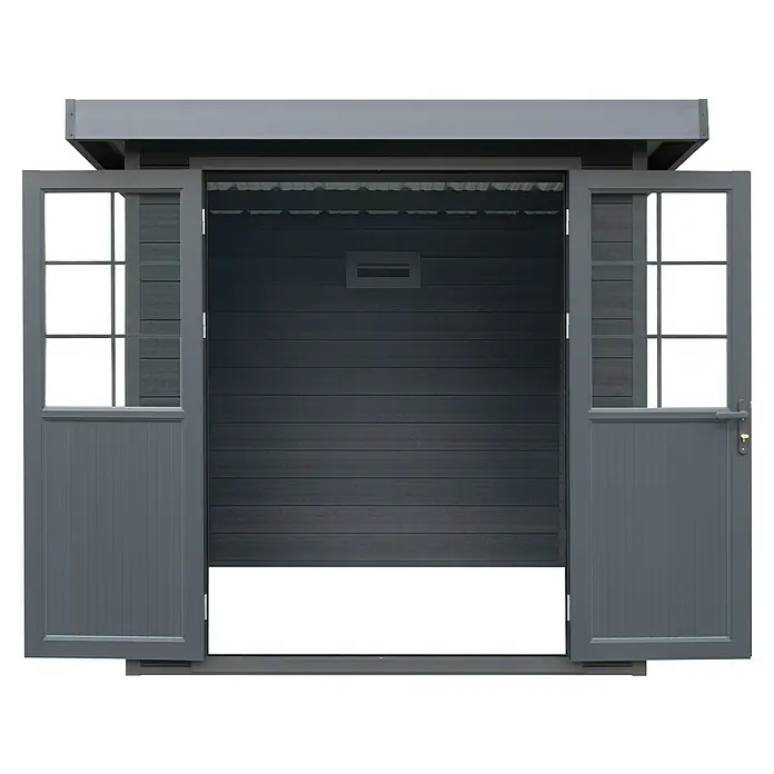 Gerätehaus Hybrix Composite - Außenmaß inkl. Dachüberstand (B x T): 238 x 234 cm, Verbundwerkstoff, Grau - Abbildung eines offenen Gartenhauses mit Flügeltüren. Das Gartenhaus hat eine graue Holzverkleidung und Fenster in den Türen.