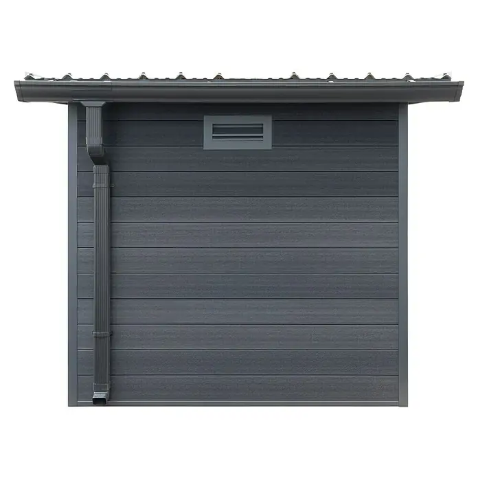 Gerätehaus Hybrix Composite - Außenmaß inkl. Dachüberstand (B x T): 238 x 234 cm, Verbundwerkstoff, Grau - Nahaufnahme einer grauen Gartenlaube mit Regenrinne, die sich durch horizontale Holzpaneele und ein kleines Fenster auszeichnet.