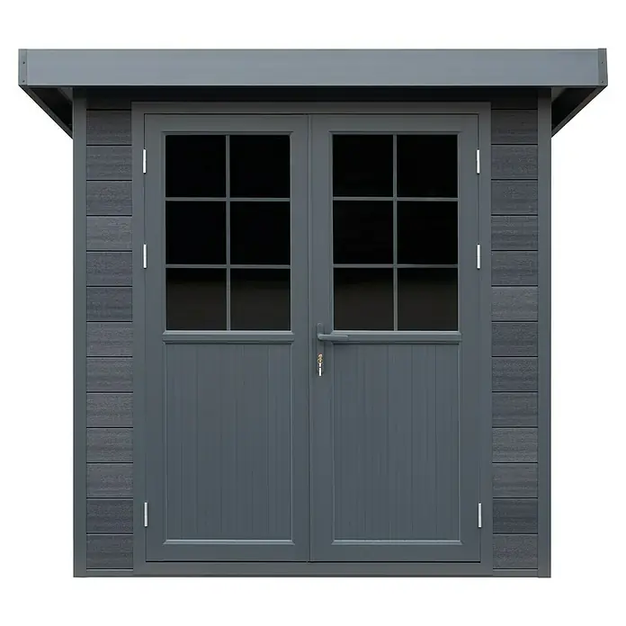 Gerätehaus Hybrix Composite - Außenmaß inkl. Dachüberstand (B x T): 238 x 234 cm, Verbundwerkstoff, Grau - Bild einer grauen Gartentür mit Glasfenstern und Beschlägen.