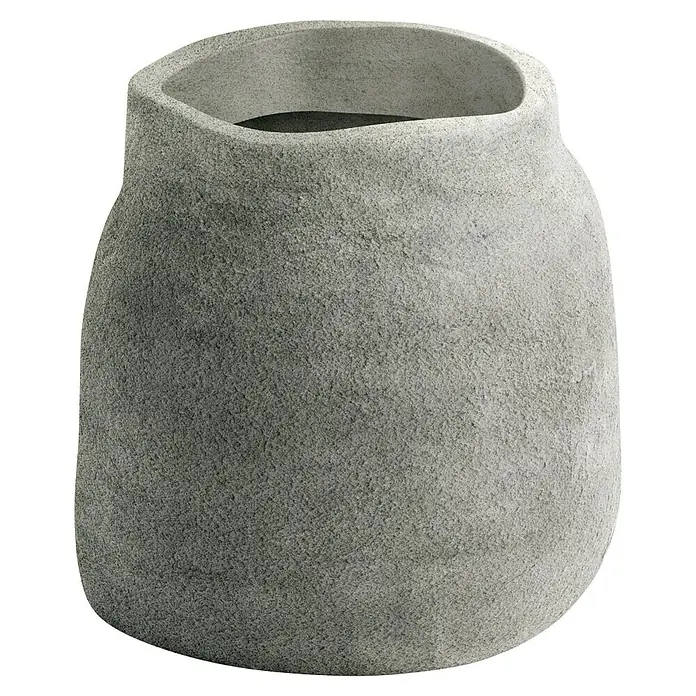 ETHICK Pflanztopf - Außenmaß (Ø x H): 46 x 47 cm, Kunststoff, Hellgrau - Nahaufnahme einer großen, grauen Vase mit unregelmäßiger Textur und einer weiten Öffnung, die ein stilvolles Designelement darstellt.