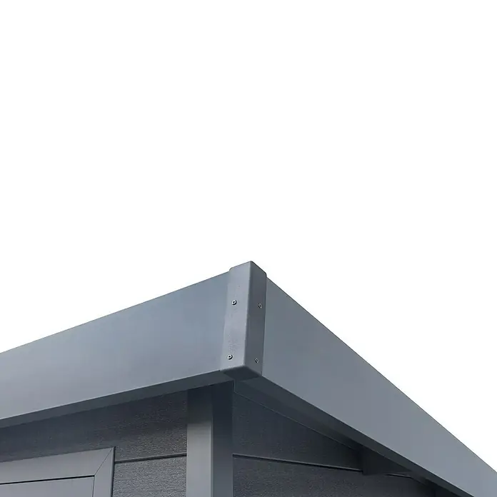 Gerätehaus Hybrix Composite - Außenmaß inkl. Dachüberstand (B x T): 238 x 234 cm, Verbundwerkstoff, Grau - Detailaufnahme einer modernen Gartenlaube mit Fokus auf die graue Dachecke und präzise Verarbeitung.