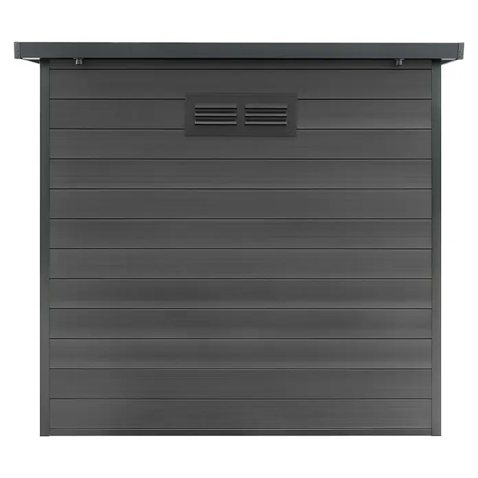 Gerätehaus Mixon Composite - Außenmaß inkl. Dachüberstand (B x T): 217 x 217 cm, Verbundwerkstoff, Teak Walnuss - Detailansicht einer modernen Gerätebox mit horizontaler Paneelstruktur und Lüftungsschlitzen für optimale Luftzirkulation.