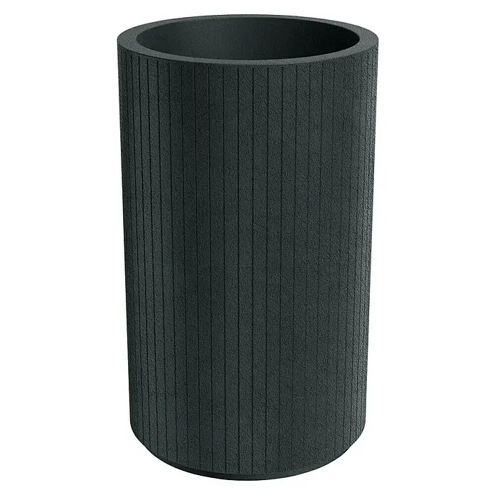 ETHICK Pflanzsäule rund Coro - Außenmaß (Ø x H): 48 x 80 cm, Kunststoff, Dunkelgrau, Integrierter Pflanztopf - Eine dunkle, zylindrische Pflanzsäule mit vertikalen Rillen, ideal für den Außenbereich. Die Oberfläche ist rau und strukturiert.