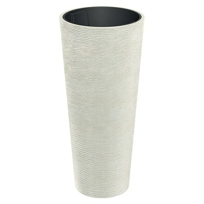 ETHICK Pflanzsäule rund Tubra - Außenmaß (Ø x H): 48 x 105 cm, Kunststoff, Sand, Herausnehmbarer Pflanztopf - Ein cremefarbener, zylindrischer Pflanztopf mit horizontaler Rillenstruktur und schwarzem Innentopf.