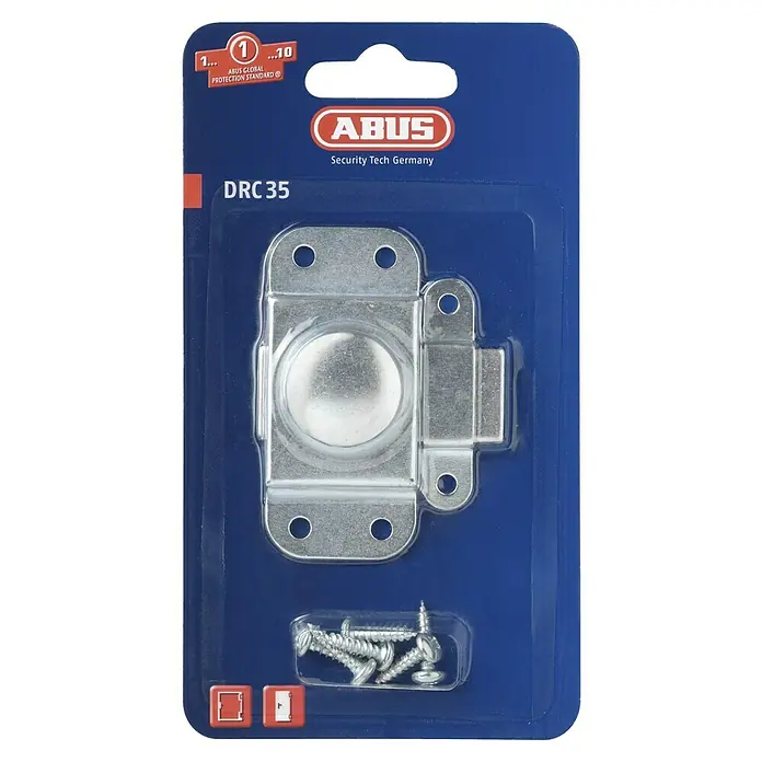 Abus Pestillo deslizante DRC35 - Puerta interior, Plateado - Cerrojo para puerta ABUS DRC35 en embalaje azul. El cerrojo es de metal y viene con tornillos.